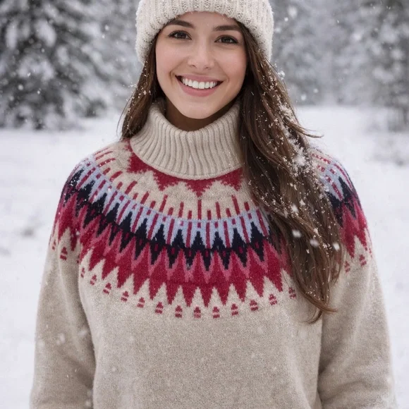 Caslon Beige Sweater with Red and Blue Pattern - Picture 1 of 8